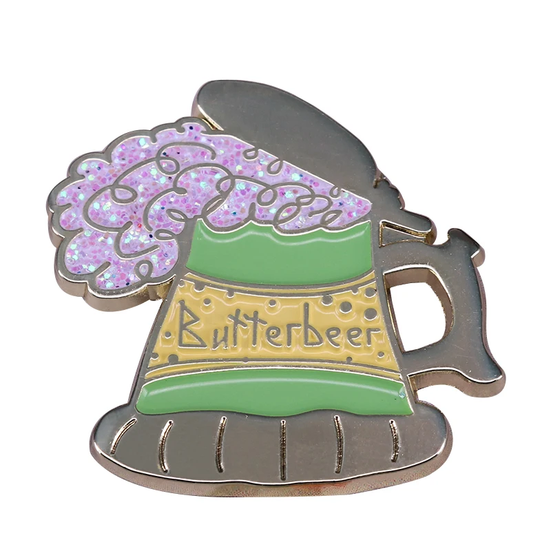 Butter beer badge beautiful glitter pin show your love for the favourite drink of the wizarding world