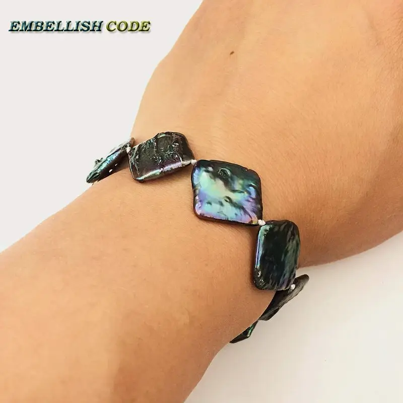 

2018 new kind baroque pearl bracelet Bangles black few green color flat block shape real freshwater pearls special for women