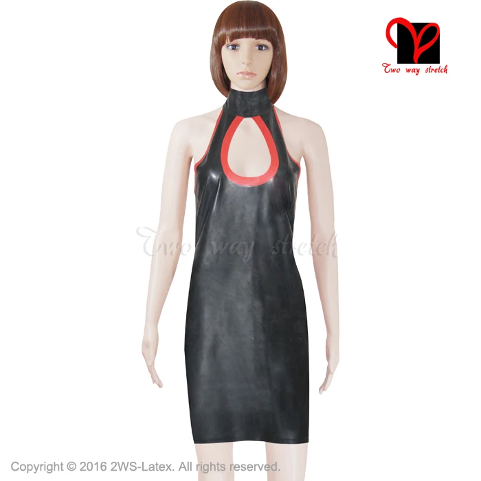 

Sexy Black Latex Dress Backless Shift Rubber Playsuit Bodycon Gummi dress halter neck Side Split peep hole plus size XXXL QZ-033