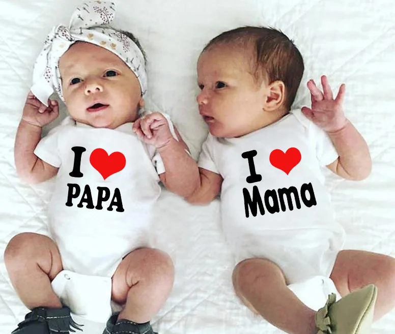 

I Love Mama and I Love Papa Baby Bodysuit Twins Soft Toddler Infant Wear White Clothing Summer Wear