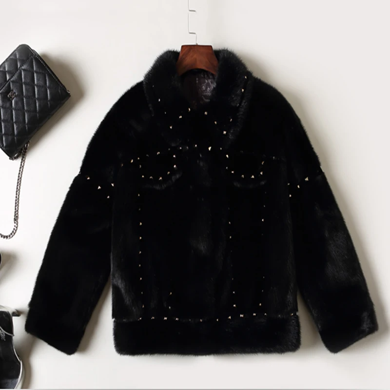 เสื้อแจ็คเก็ตฤดูหนาว Ftangaiur นำเข้า ขนกำมะหยี่มิงค์ เสื้อโค้ททรงแมนดาริน ทรงเข้ารูป ประดับหมุด สีดำล้วน เสื้อโค้ทมิงค์แท้สำหรับผู้หญิง เสื้อโค้ทขนมิงค์แท้แบบสั้น