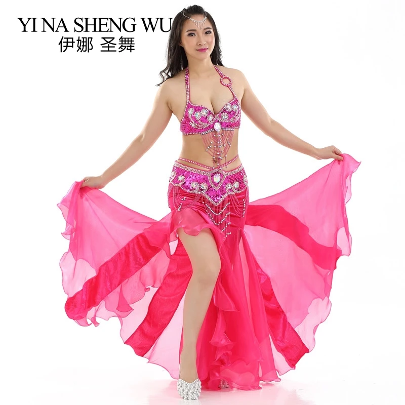 3pcs Set Adult Belly Dance Performance Costumes Flannel Split Skirt Oriental Dance Performance Clothing Bra Belt Skirt Dance Set