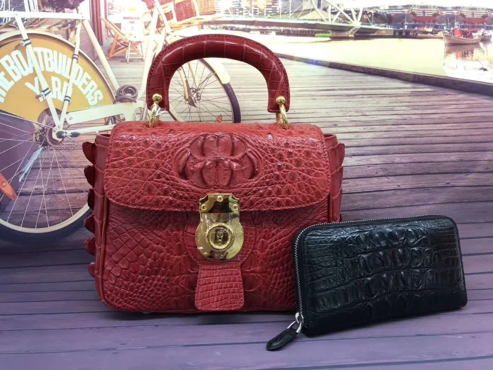 

Small size genuine crocodile skin leather women shoulder bag black green color alligator head skin women tote cross body bag red