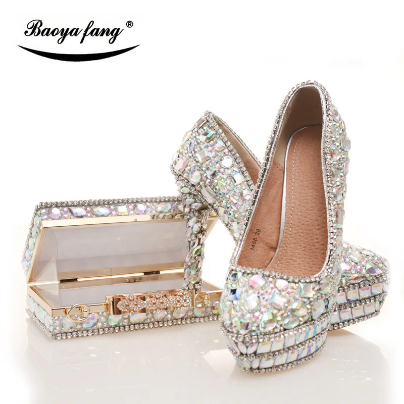 Womens wedding shoes with matching bags Shining Crystal real leather Bride shoes and purse sets platform shoes Big size 43