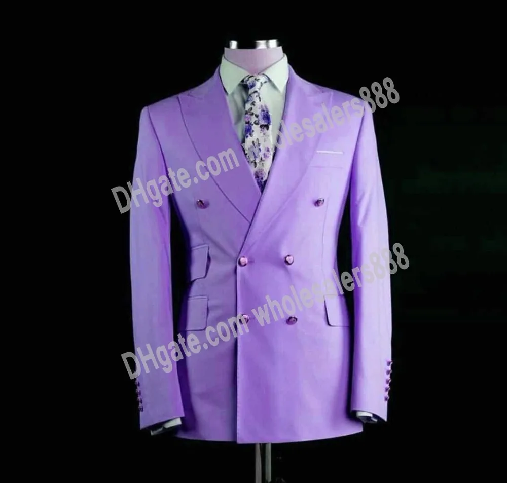 Double Breasted Groomsmen Peach/Lavender Groom Tuxedos Peak Lapel Men Suits Wedding Best Man Blazer ( Jacket+Pants+Tie ) C514