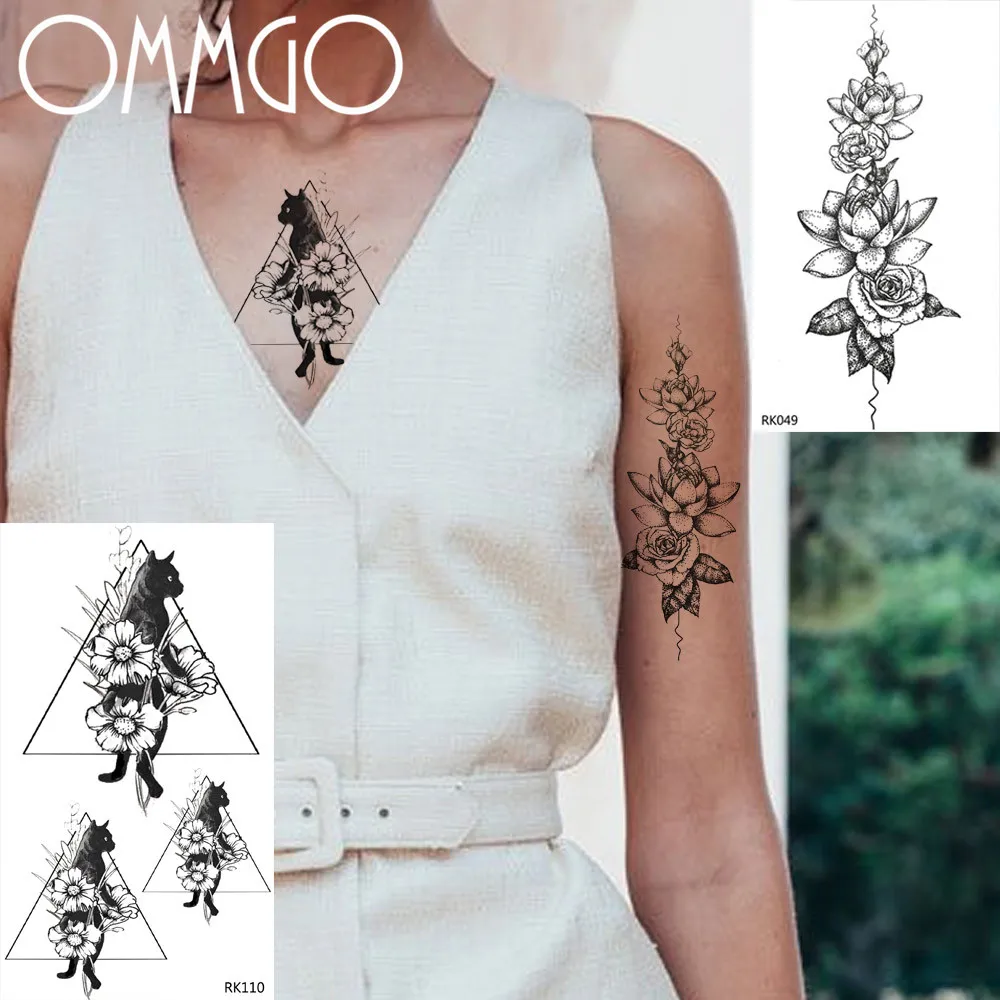 OMMGO Geometric Cat Temporary Tattoos For Women Sticker Fake Tattoo Custom Tatoos Black Lotus Body Art Arm Triangle Flower