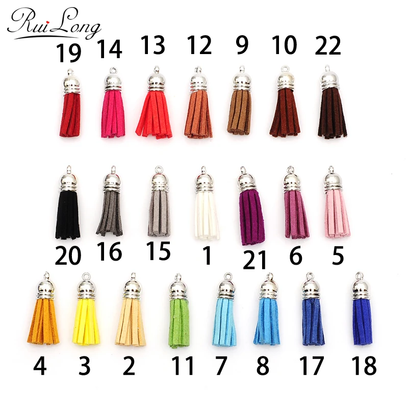 10pcs/lot 38mm Full Leather Tassels silver Caps Suede Tassel For Keychain Cellphone Straps Charms multicolor mixed