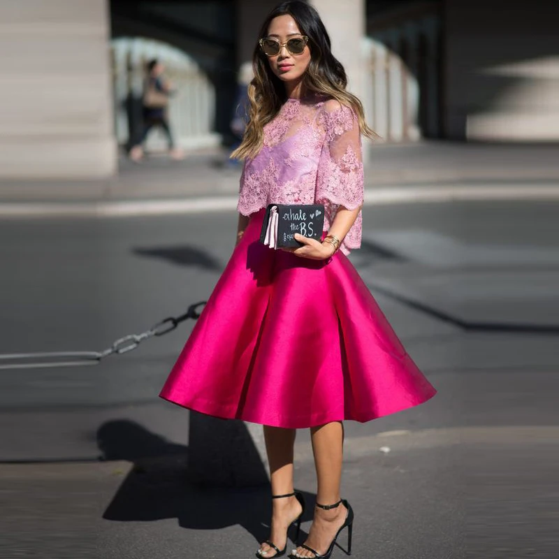 Rose Pink Satin Midi Skirts High Quality A Line Invisible Zipper Tea Length Women Skirts 2022 Chic Prom Skirt Office Lady Wear