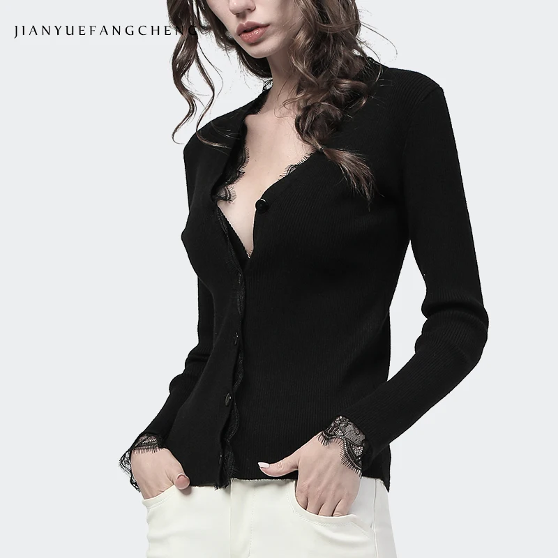 New 2022 Autumn Sexy Black Slim Short V-neck Knitted Sweater Long Sleeve Single-breasted Cardigan Female Tops With Lace Trims