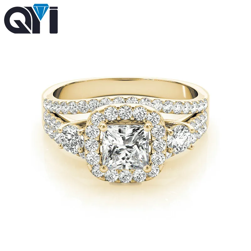 

QYI Engagement For Women Classic Luxury Real Solid 14k Yellow Gold Moissanite Ring Cushion Cut Wedding Jewelry Rings