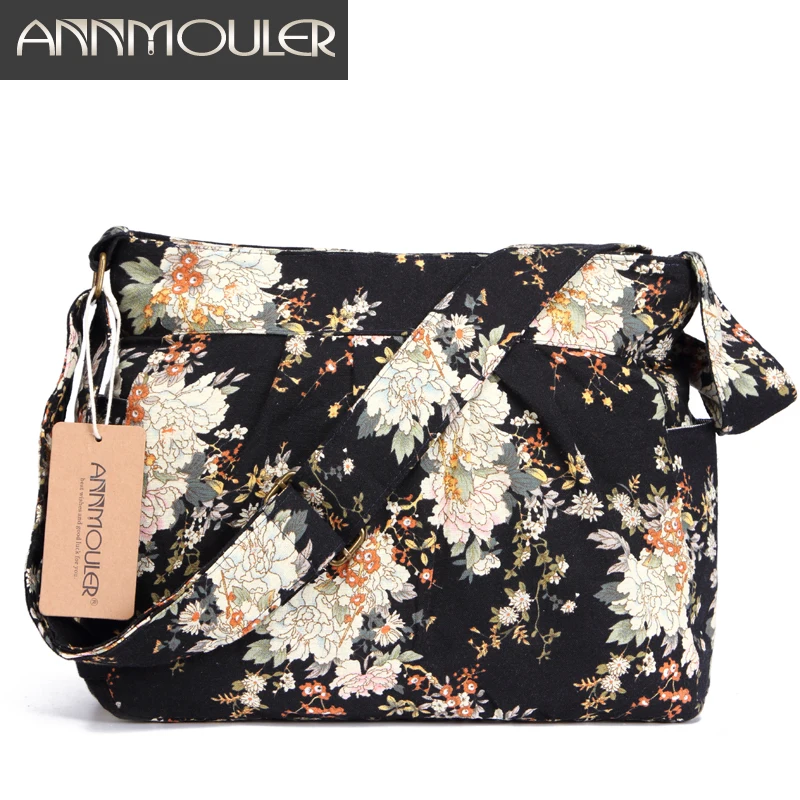 Annmouler Women Vintage Shoulder Bags Floral Printed Crossbody Messenger Bag Cotton Gypsy Bag Soft Hobo Bag with 2 Pockets