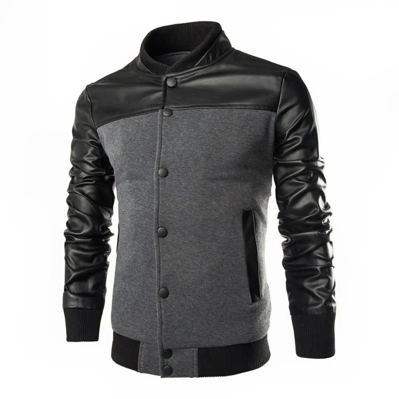 Sweatshirts Fashion Design PU Leather Patchwork Jacket Men Single Breasted Casual Stand Collar Jacket Coat  M-XXXL