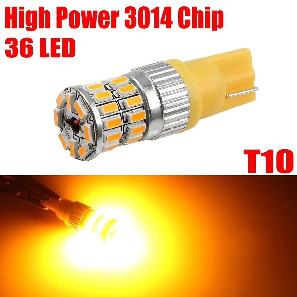 

2Pcs High Power T10 168 3014 Chip Amber Yellow High Power 36 LED SMD Light Bulbs For Car Parking Lights or Backup Lights