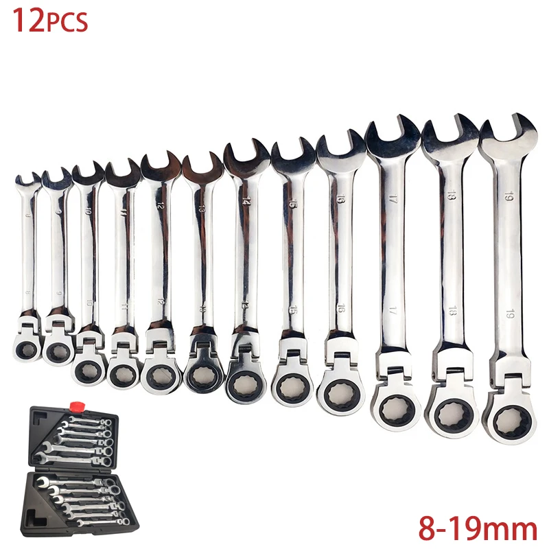 

12 Pcs Flexible Combination Ratchet Wrench Gear Repair Set Hand Tools for Auto Torque Wrench Flexible Pivoting Head Spanner Set