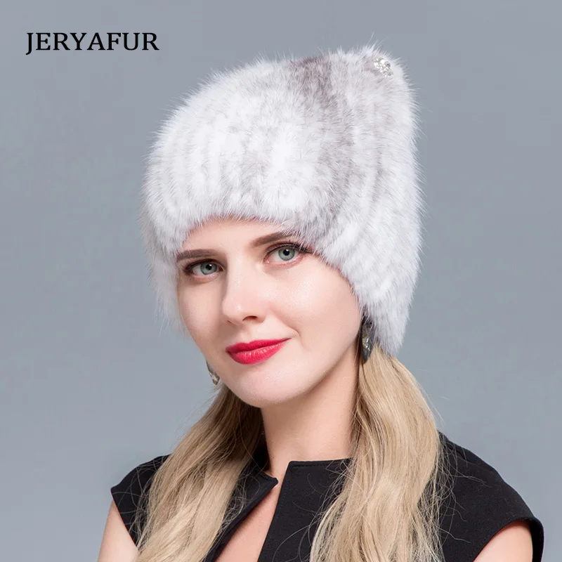 JERYAFUR Mink Fur HAT Women\'s Knitted Sweater Hat New Fashion European And American Cat Style Ski Caps