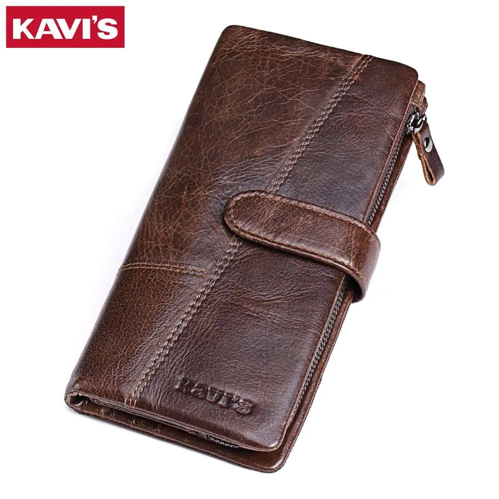 KAVIS Luxury Brand 100% Genuine Cowhide Leather Portomonee Vintage Walet Male Wallet Men Long Clutch with Coin Purse Pocket Rfid