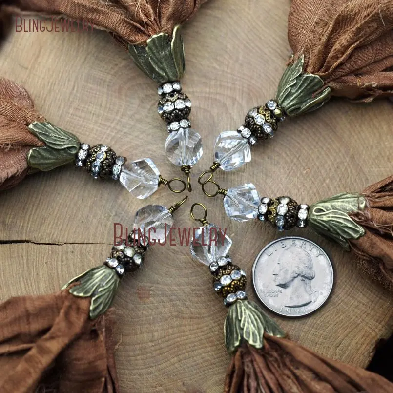 Brown Sari Silk Tassel Pendant  with Antique Bronza Cap Crystal and Rhinestone Accent PM9047