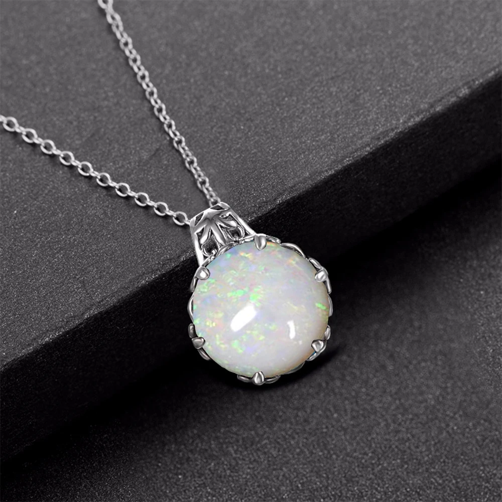 Szjinao Fire White Opal Pendant For Women Real 925 Sterling Silver Flower Gemstone Pendants Vintage Round Handmade Fine Jewelry