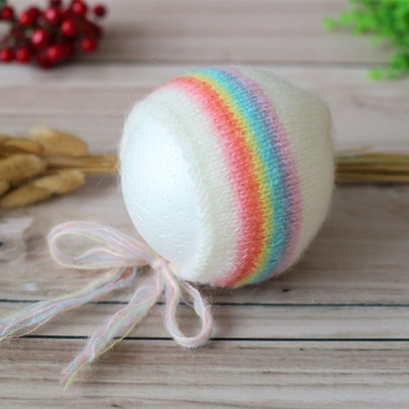 

Newborn Rainbow Hat Knit Mohair Soft Hat Photography Props Hand Crochet Baby Gril Bonnet Colorful Cap Photo Props