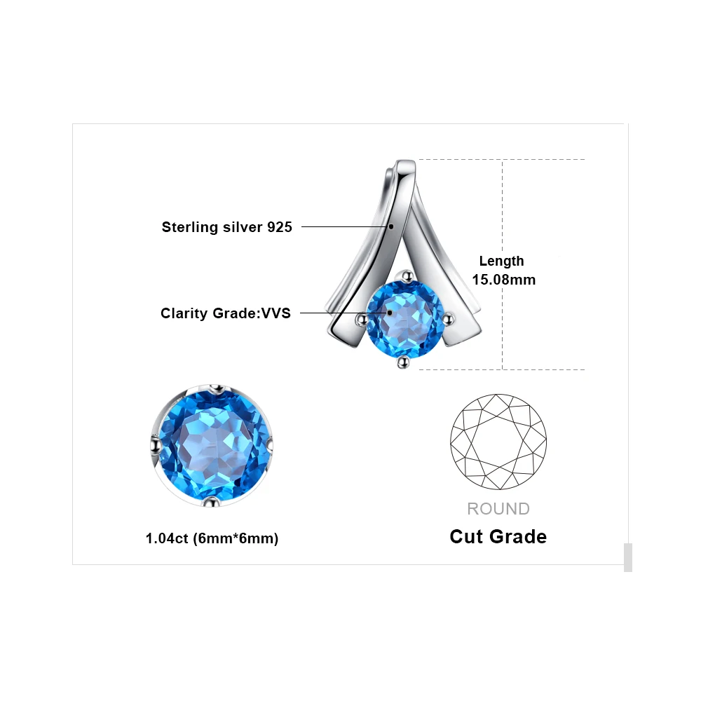 JewelryPalace 1ct Round Natural Blue Topaz 925 Sterling Silver Pendant Necklace for Woman No Chain