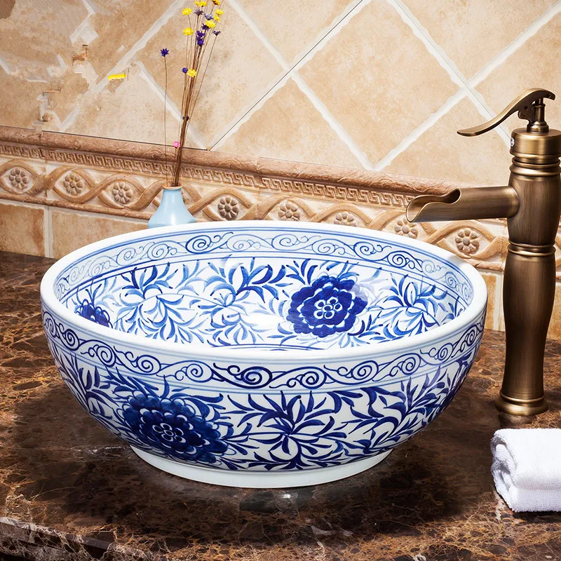 

Blue And White China Artistic Handmade Ceramic wash basin Lavobo Round Counter top ceramic wash basin bathroom sinks