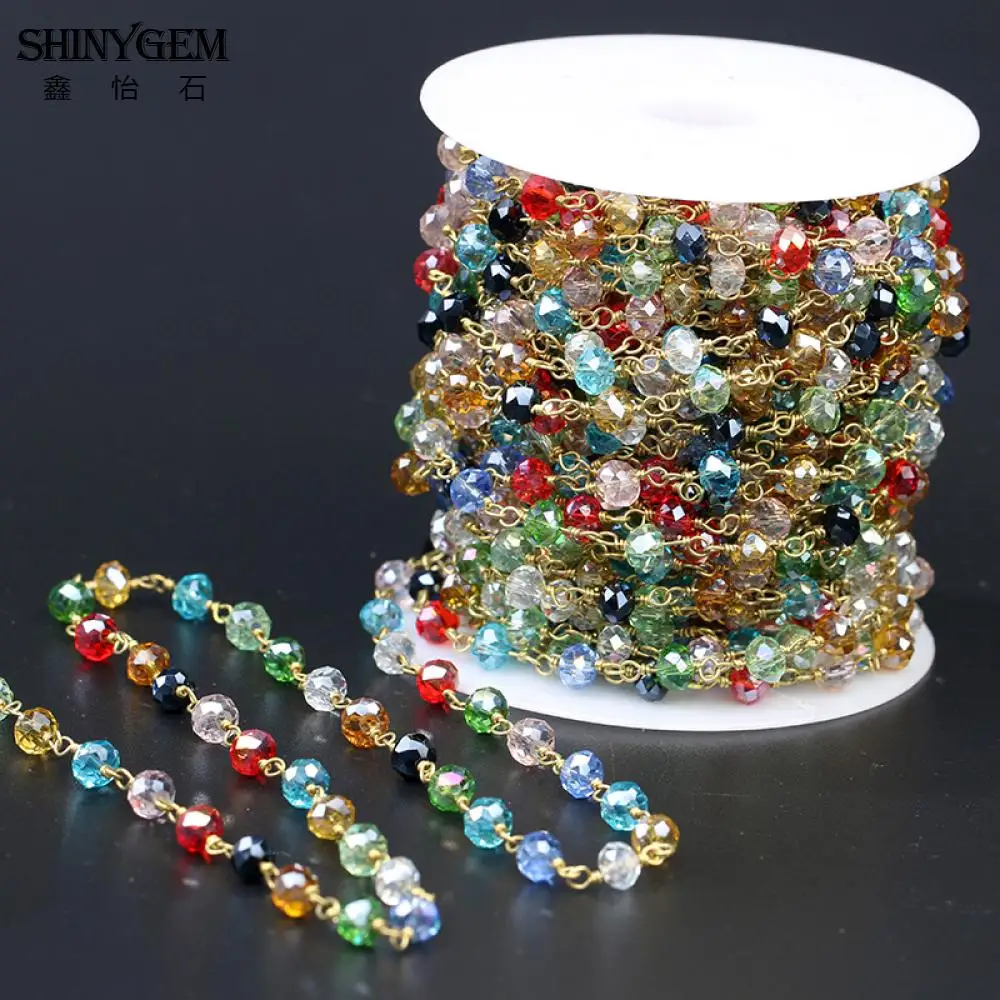 

ShinyGem 6mm Faceted Round Crystal Bead Chain Vintage Gold Plating Wire Wrap Natural Stone Bead Chains For DIY Jewelry Making 5M