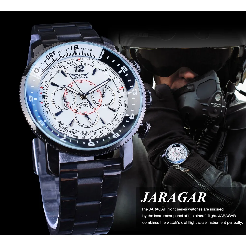 Jaragar Fashion Three Small Dial Date Week Hour Display Black Bracelet Men\'s Automatic Watches Luminous Hands Military Clock