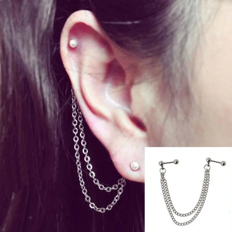 Double Chain Piercing Earring Punk Ball Cartilage Ear Cuff Wrap Hip Hop Dangle Chain Drop Earring Unisex Gift