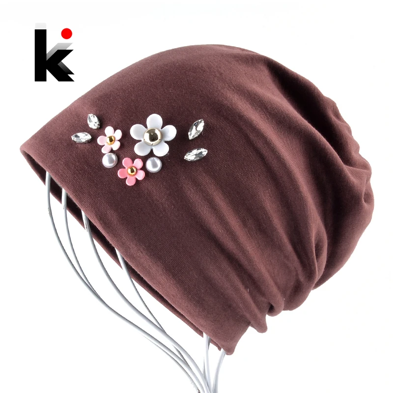 Solid Color Hat For Women Rhinestone Flower Beanies Skullies Ladies Elegant Beanie Cap Female Spring Autumn Bonnet Gorras Chapeu