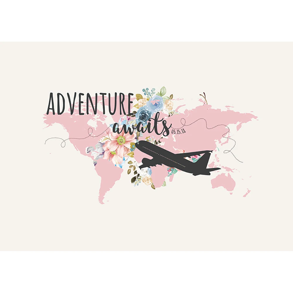 خلفية من Allenjoy photophone رومانسية وردية خريطة العالم مغامرة الأزهار تنتظر السقوط في طائرة الحب صورة خلفية للزفاف