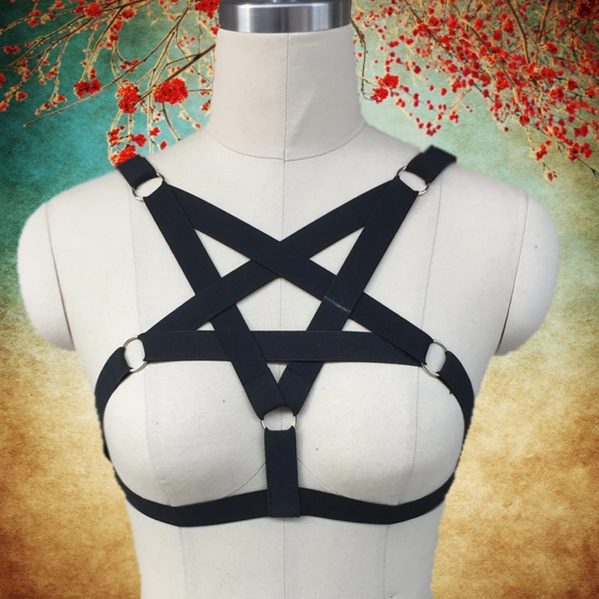 

Star Elastic punk goth body harness bra sexy Black pentagram Bondage lingerie Goth Caged bra women harness belt