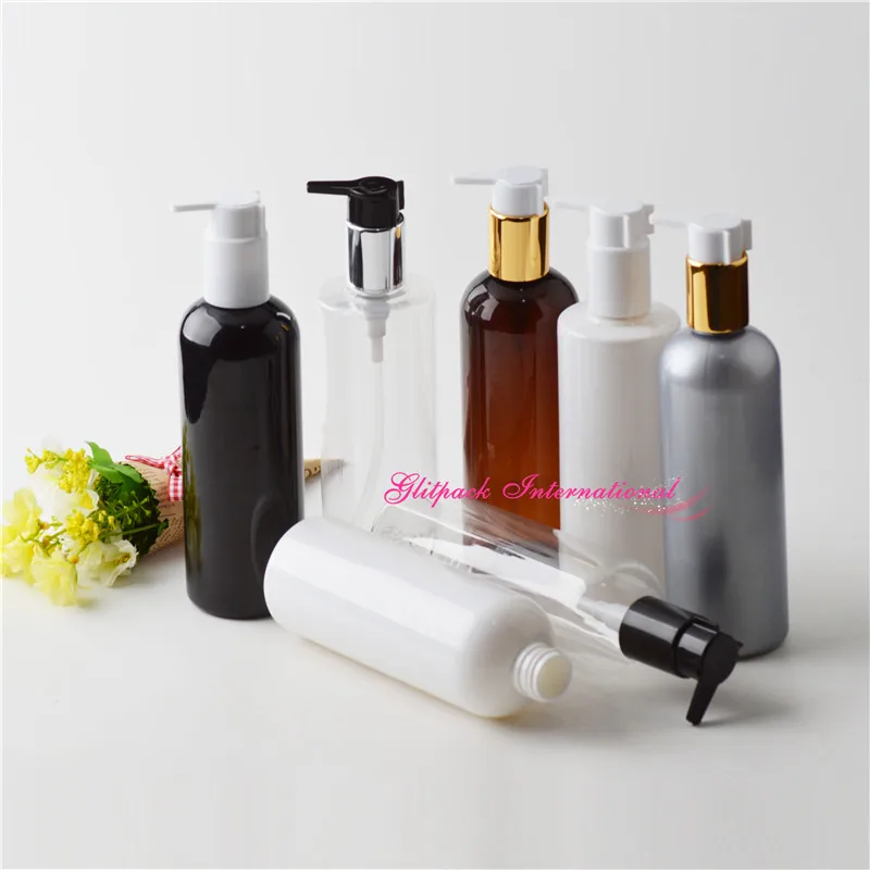 

300ml white black clear pearl gray amber platic oil pump bottle for essential oil 10oz metallic pump for empty refilling bottle