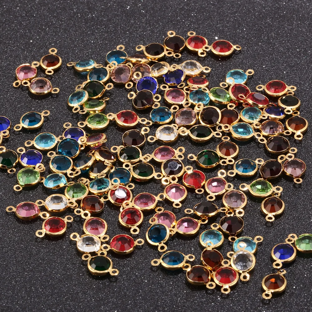 New Design 8.5mm Gold Color Stainless Steel Crystal Birthstones Connector Gem Stone Charm Beads Findings For Jewelry Making DIY