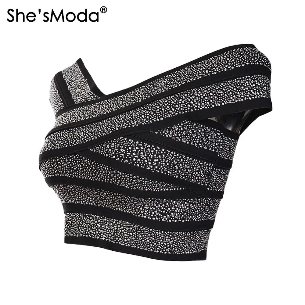 Imagem -03 - Shesmosmoda Rebites Bandagem Slash Neck Magro Feminino Elastano Cropped Topos Colete Tanque Solteira Tamanho Grande