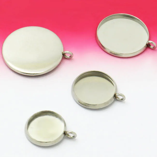 

100pcs Blank Bezel Settings Cabochon bases 316 Stainless Steel Round Bezel tray w/ a Loop Stone Cabochons Pendant Findings DIY