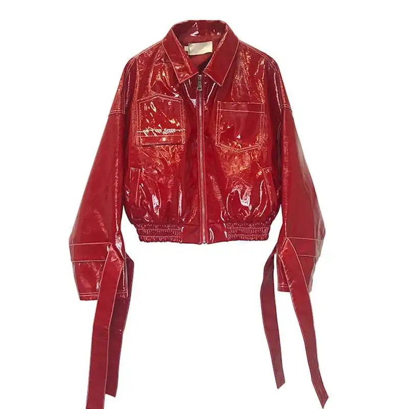 Zipper stitching glossy shiny PU jacket 2024 autumn new female motorcycle PU leather jacket short Slim pu jacket wq1151 dropship