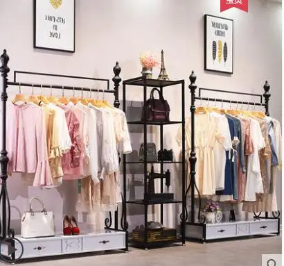 European style clothing store display rack floor type women's clothing store rack wall clothing rack side hanging clothes rack.