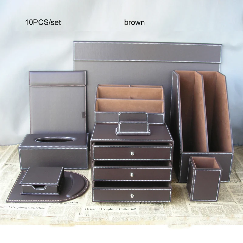 10PCS/set business leather desk storage organizer set file cabinet stand stationery pen box A4 conference folder note case K253