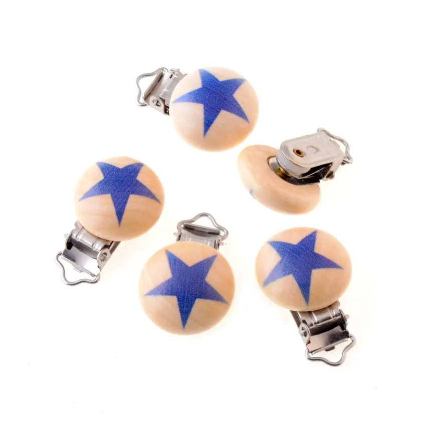 5PCs Baby Pacifier Clips Blue Star print Wood Metal Holders Cute Infant Soother Clasps Funny Accessories 4.8x2.9cm F2208