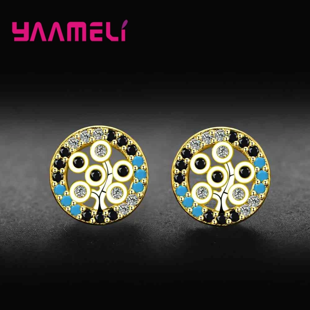 New Korea Style Round Stud Earrings For Women 925 Sterling Silver Color Shiny Crystals Full Paved Round Stud Earrings