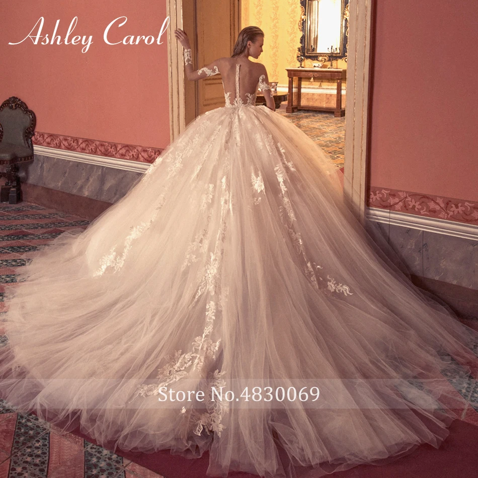 Ashley Carol Ball Gown Wedding Dress 2022 Long Sleeve Bridal Luxury Beaded Appliques Illusion Cathedral Princess Bride Dresses