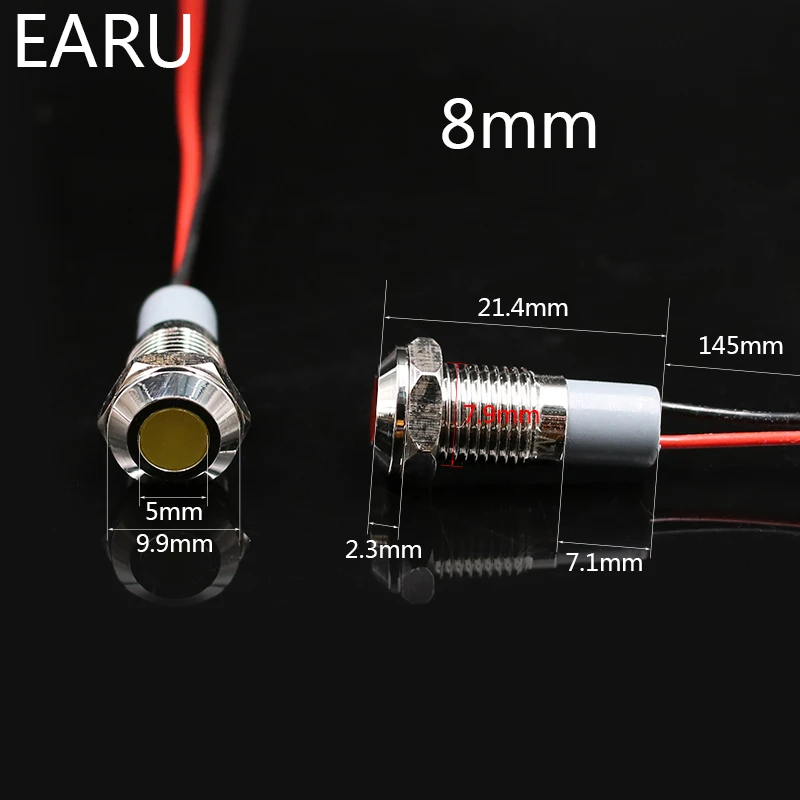 8mm Waterproof IP67 LED Metal Warning Indicator Light Signal Lamp Pilot + wire 3V 5V 6V 12V 24V 110V 220v Red Yellow Blue Green