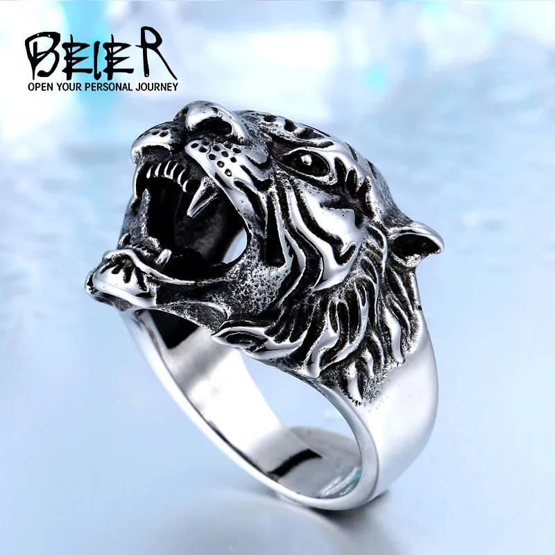 BEIER Stainless Steel Titanium Tiger Head Ring Men Personality Unique Men\'s Animal Amulet Jewelry good detail BR8-307 US size