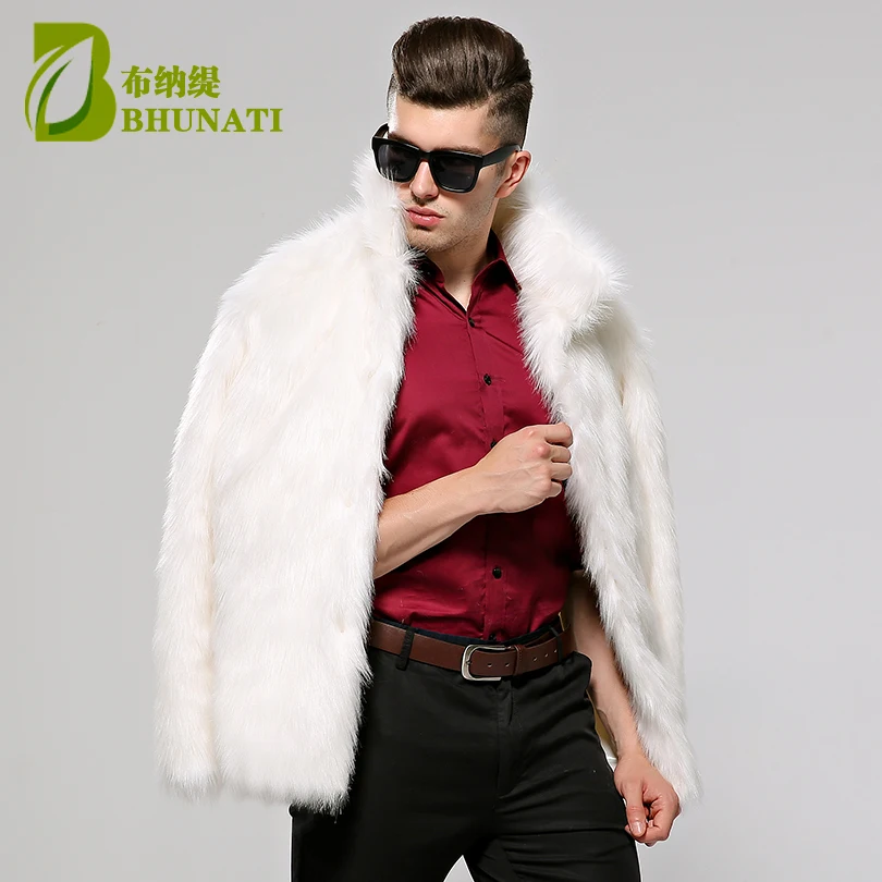 BHUNATI Mens Fur Coat White Stand Collar Long Sleeve Winter Men Fur Coat Winter Faux Fur Solid Loose Fox Fur Jacket Men Casual