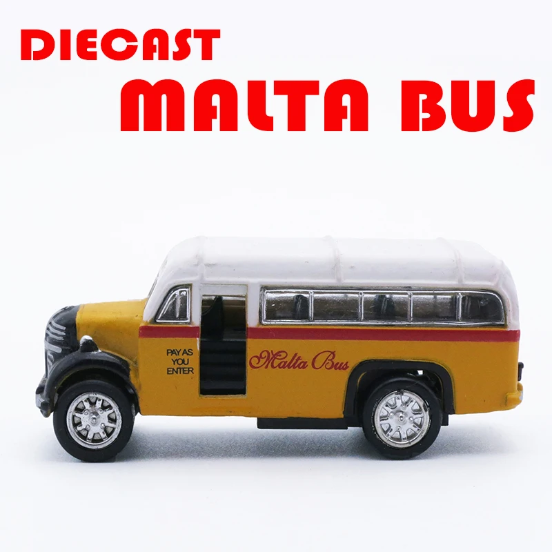 1/64 skala Diecast Classic Mini Malta Bus, zabawki dla dzieci, 5cm metalowy samochód dla dzieci/chłopców jako prezent/pamiątka z funkcją wycofania