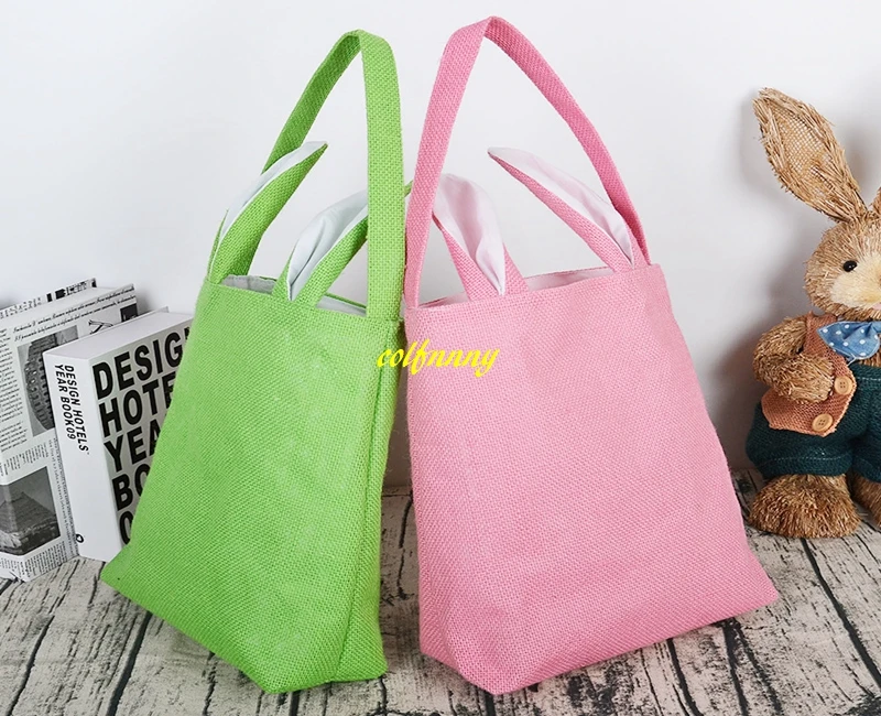 100pcs/lot 25x30x10cm Size Easter Gifts Bag Jute burlap Cloth Material Easter New Year Rabbit Bunny Shape Packing Bag For child