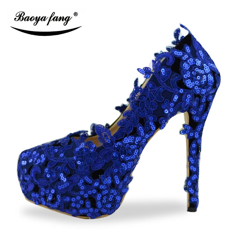 BaoYaFang Blue Lace flower wedding shoes women Bridal High heels Platform shoes woman party dress shoes super big size 45