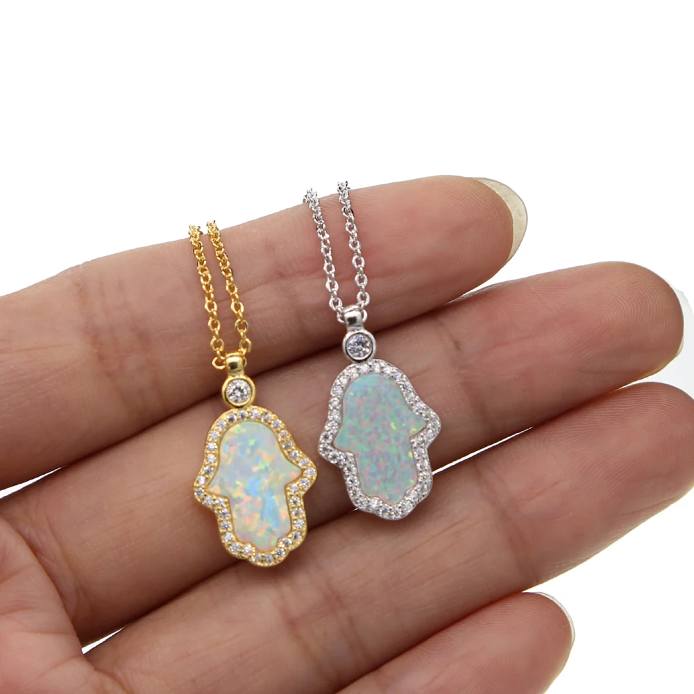 fashion 2022 turkish hamsa hand pendant necklaces women ladies delicate dainty gold silver color white fire opal stone necklace