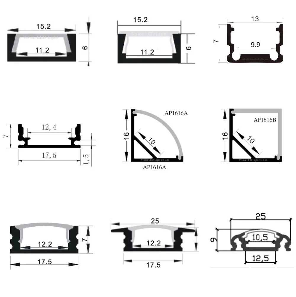 0.5m per piece, hot item sample lot, 9 different types of led aluminum profile for led strips, each type: 2 piece, totally 18pcs