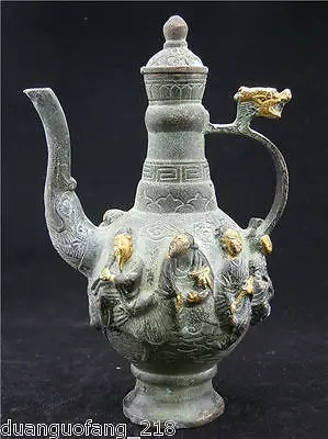 Elaborate Collectibles Chinese Bronze Eight Immortals Dragon Characters Flagon Wine Pot